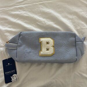 Striped Blue & White Cosmetic Pouch with 'B' Patch